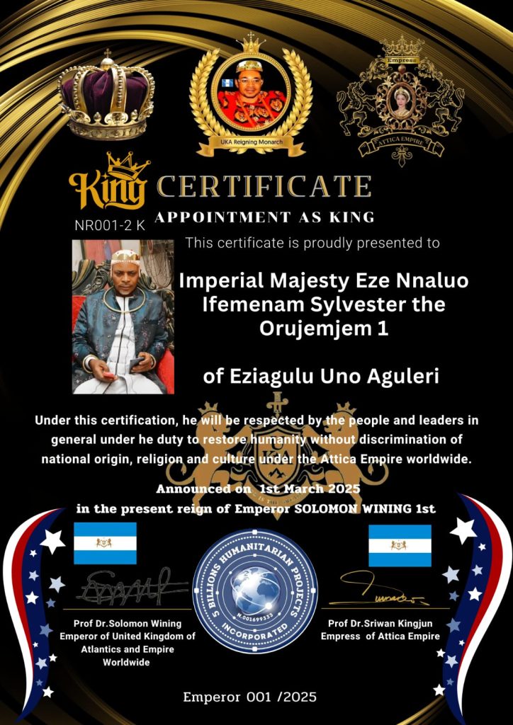 Certificate of Appointment as King for Imperial Majesty Eze Nnaluo Ifemenam Sylvester