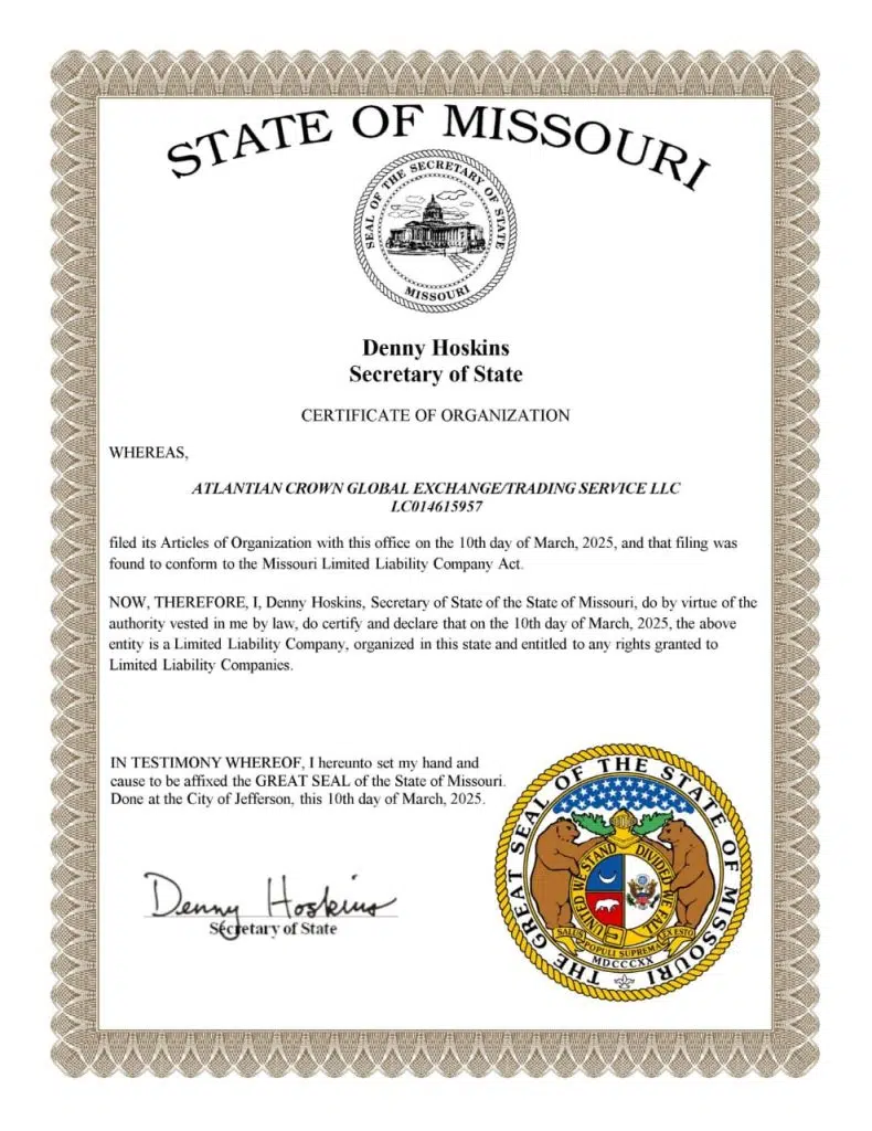 Certificate of Organization - Atlantean Crown